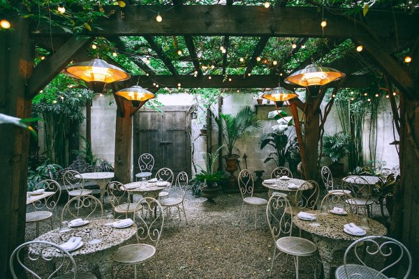 a nice backyard with lots of plants around tables